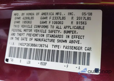 2008 Honda Accord 2.4 Lx из США, поврежденный, VIN 1HGCP26388A136714